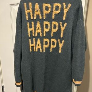 Annie wear Cozy HAPPY HAPPY HAPPY Cardigan with Yellow Accents